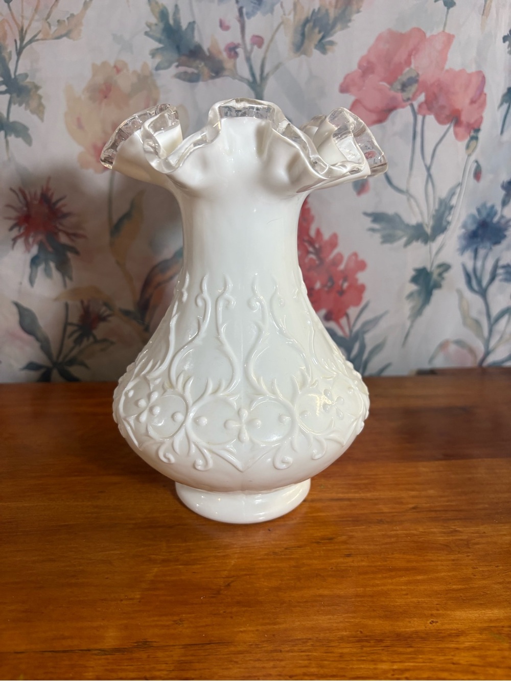 Vintage Elegant Ruffled Milk Glass Vase - White